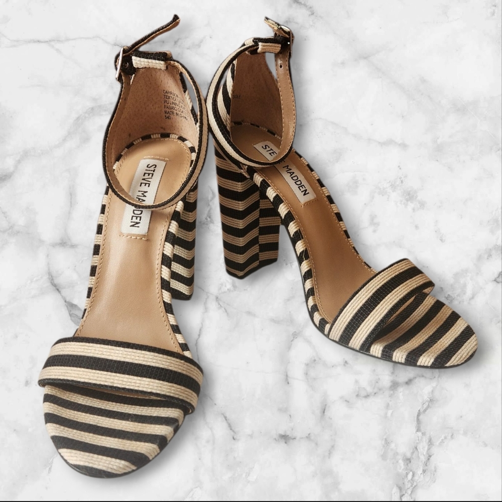 Steve Madden Veda Black And White Striped Ankle Strapped Heels- Women's Size 6.5